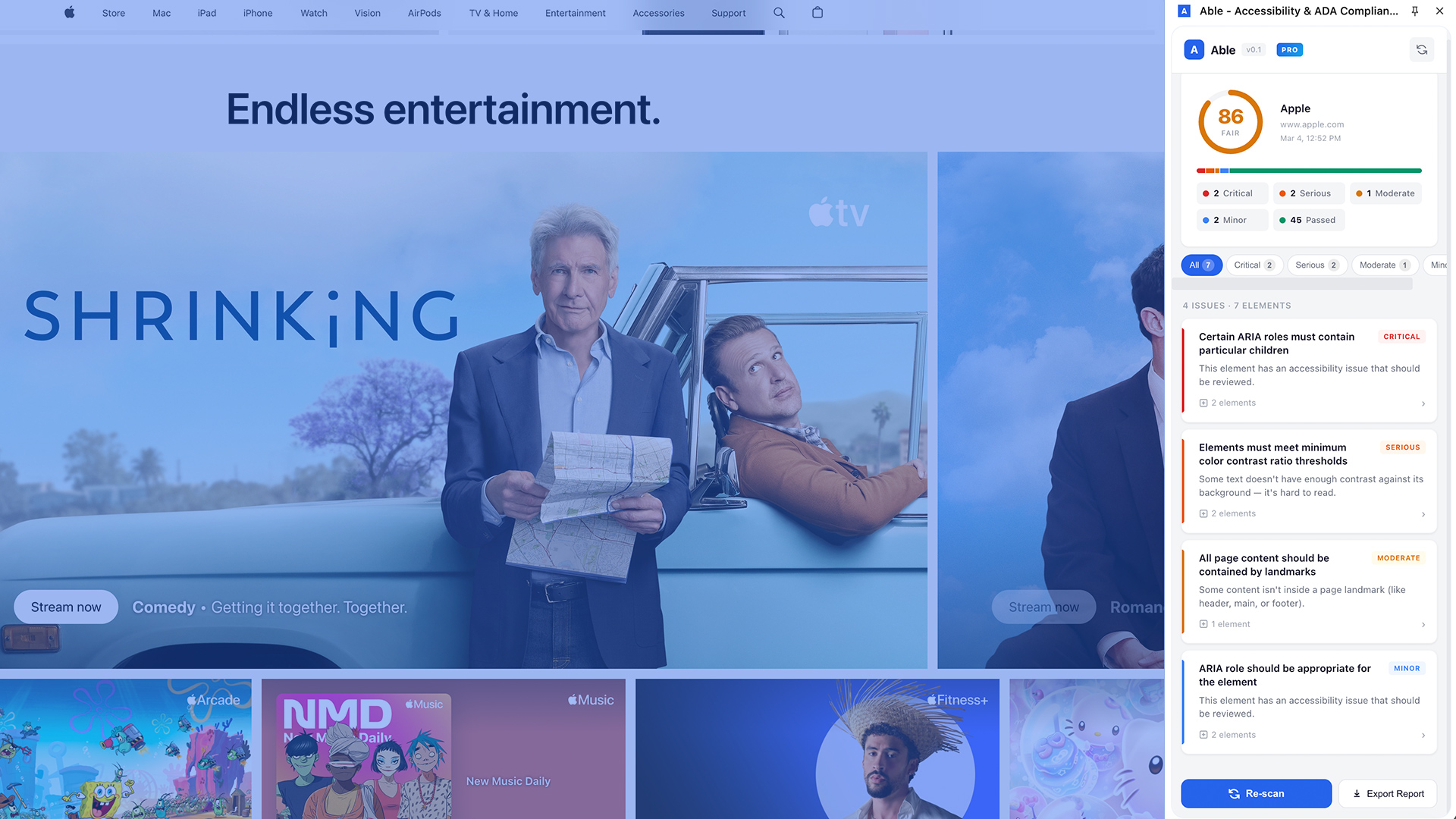 Able Chrome extension auditing Apple.com — showing an 86 accessibility score with issues sorted by severity
